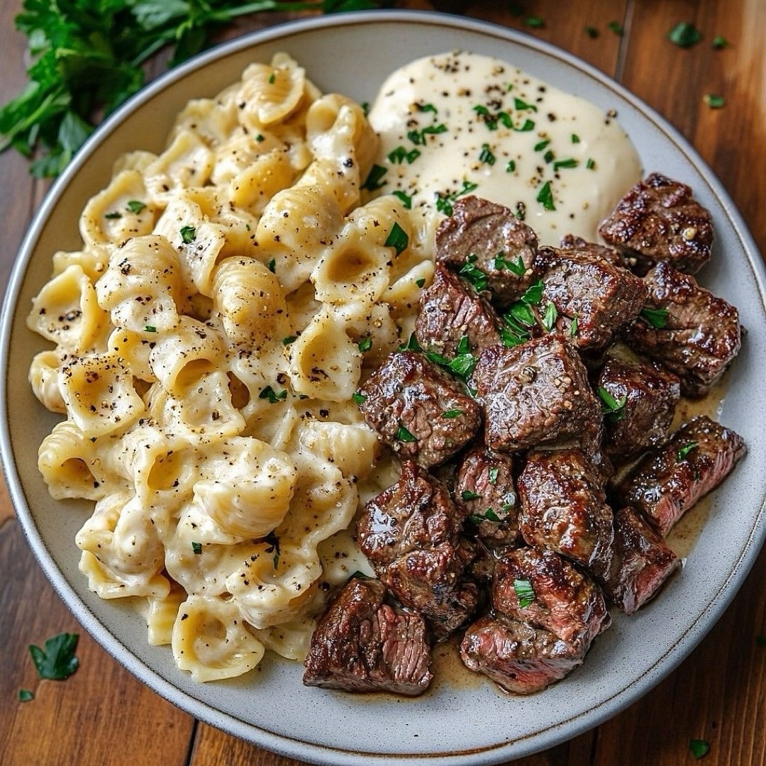 Creamy Butter Garlic Mac and Cheese with Steak